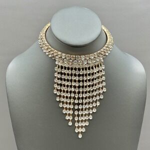 Rhinestone Fringe Bib Necklace Gold Tone Waterfall Tassel Statement Jewelry